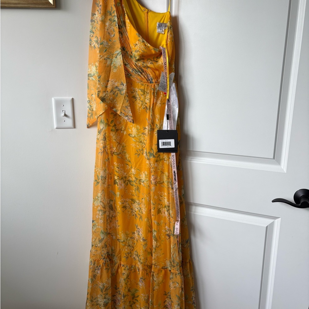 Mac Duggal Yellow Floral Maxi Dress with Draped Bodice